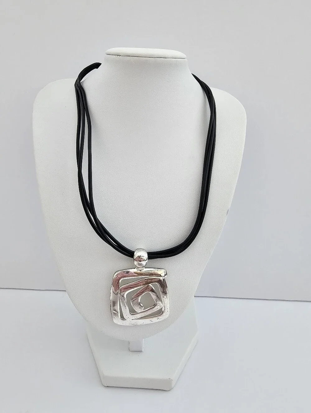 Modernist Geometric Spiral Pendant Necklace Black Multi Strand Cord Abstract